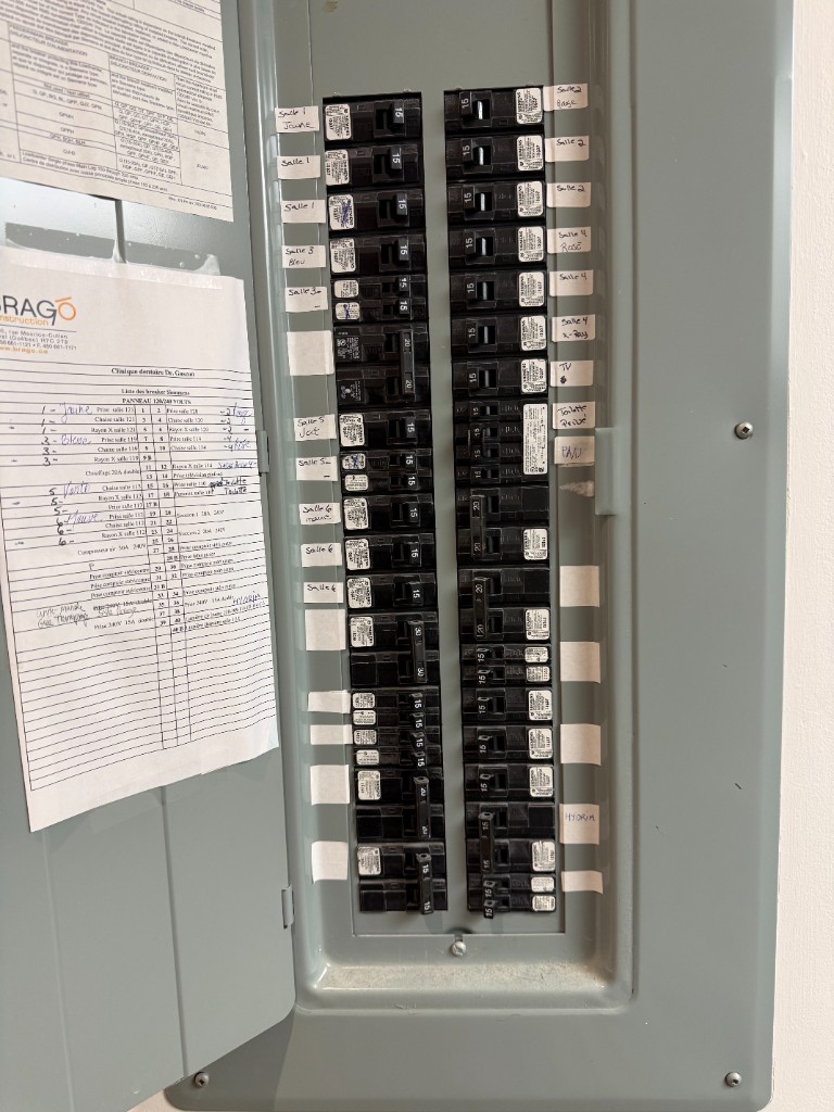 Open commercial electrical panel with labeled circuit breakers